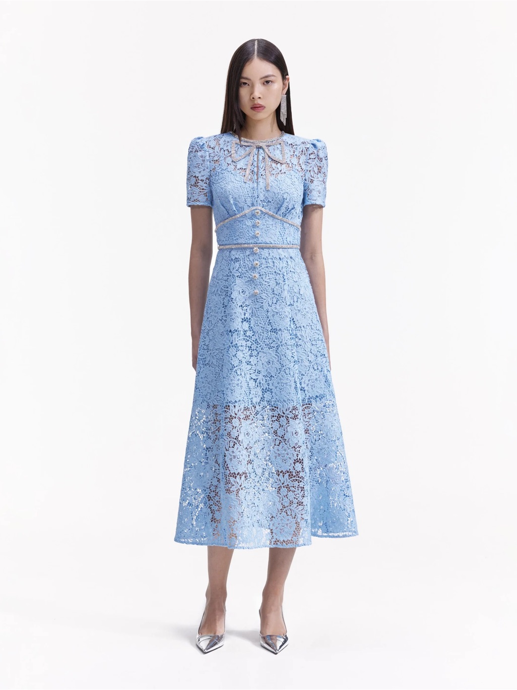 Euc Self-Portrait Cord Lace Bow Midi Dress In Blue